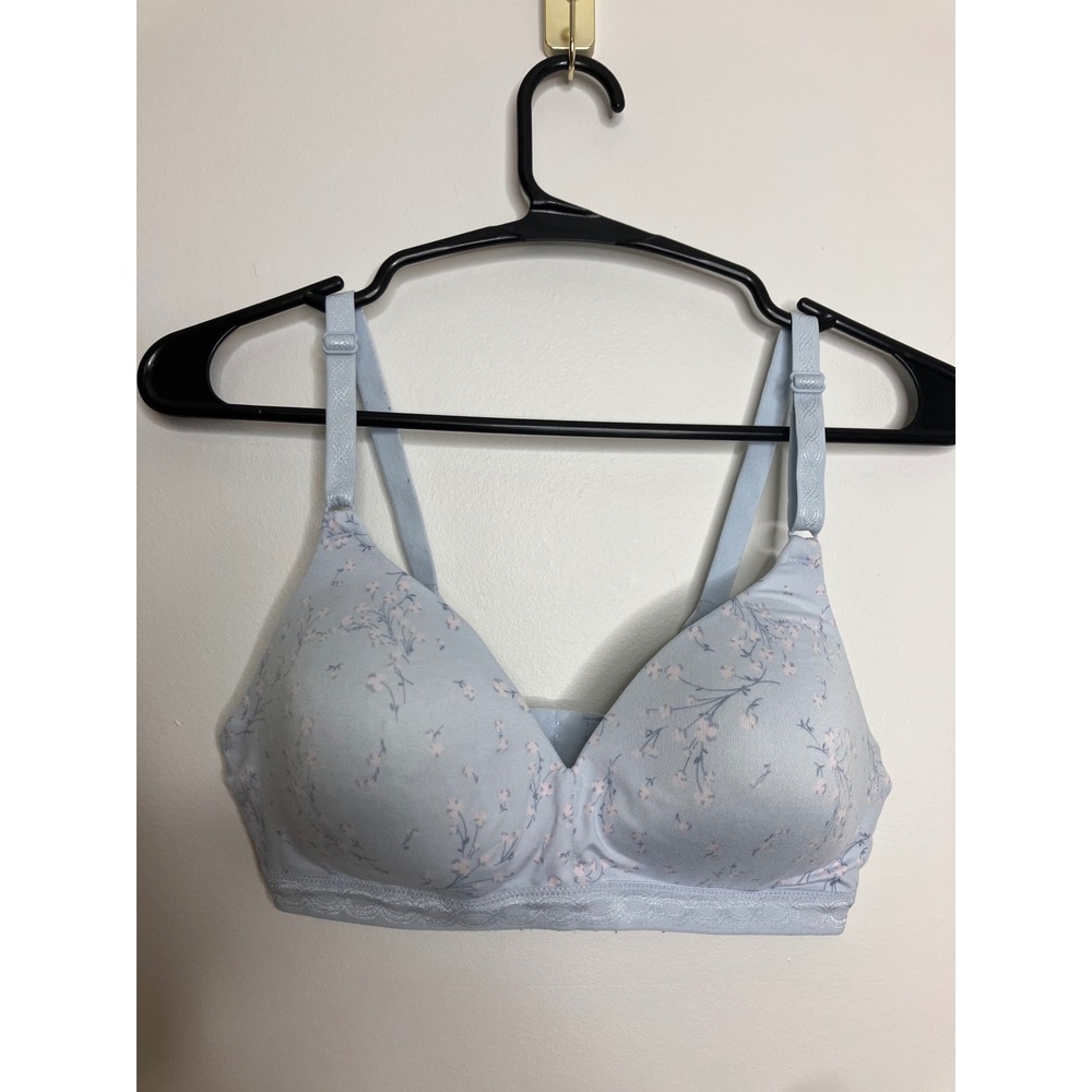 Warners Wire-Free Bra Women 36B Blue Excellent Floral Lace Trim Comfort WR1269